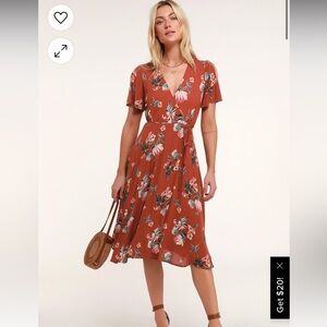 Lulu’s Jet Set For Sun Rust Red Tropical Print Wrap Midi Dress